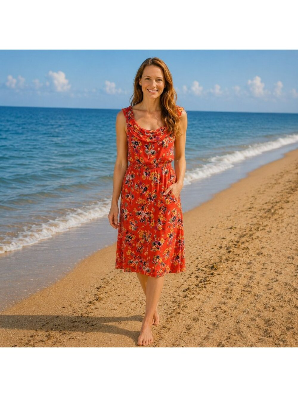 Conversations by Anthropologie Ruffle Neckline Floral Midi Dress Womens 2 Red Or